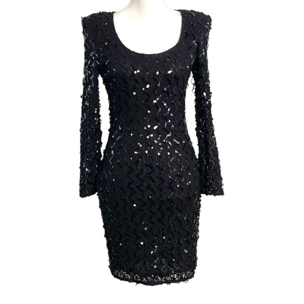 Vintage 90s Black Sequin Lace Mini Dress Long Sleeves Sexy Bodycon Stretch